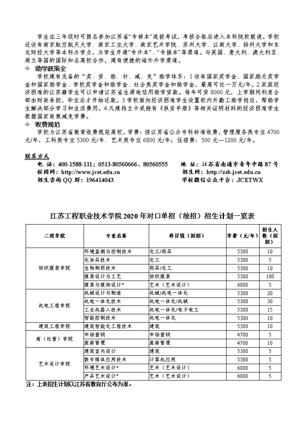 2020江苏工程职业技术学院对口单招简章（统招）