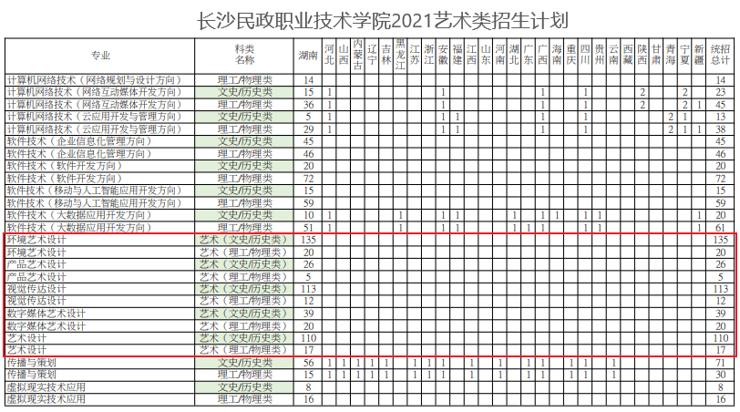 2021年长沙民政职业技术学院艺术类招生计划