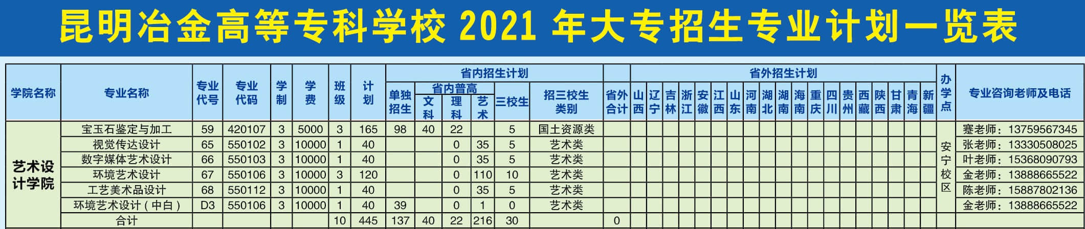 2021年昆明冶金高等专科学校艺术类招生计划