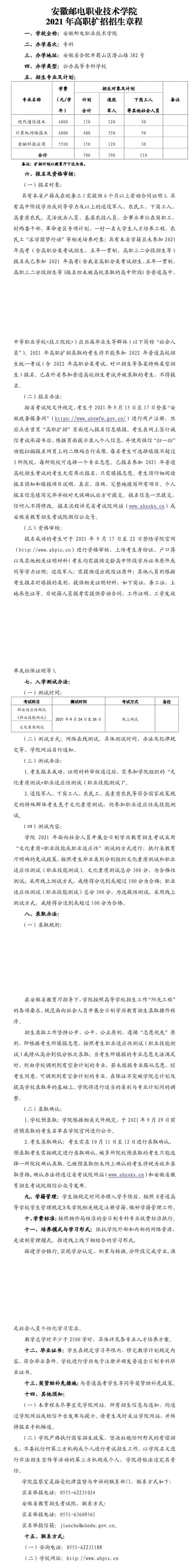 2021年安徽邮电职业技术学院高职扩招招生章程