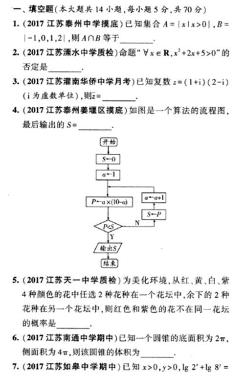 2018江苏高考数学调研模拟卷一（含答案）