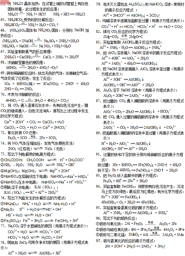 500个高中化学方程式 高中化学方程式总结版