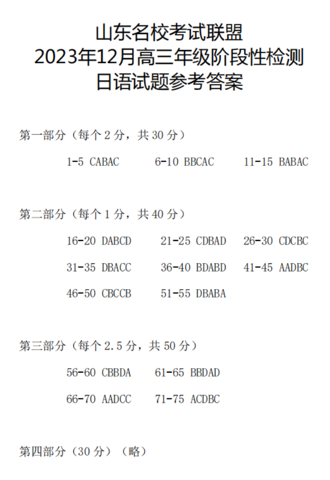 山东名校考试联盟2024高三12月阶段性测试日语试题及答案