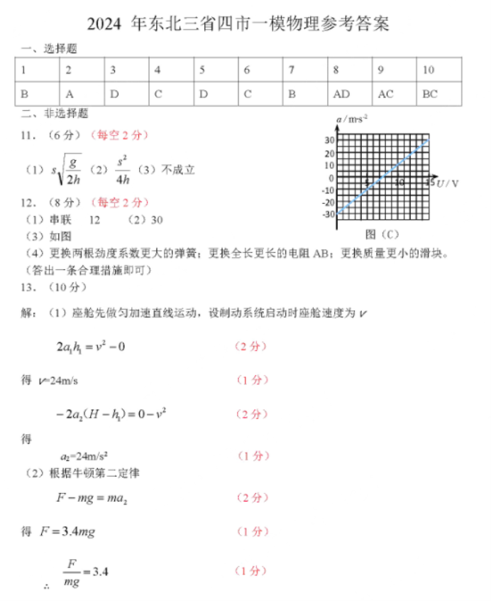 东北三省四市2024高三4月一模考试物理试题及答案解析